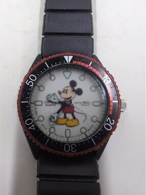 Mickey Mouse Vintage Watch Hands Lorus Y481-1210 Seiko Rubber Band Red Bezel